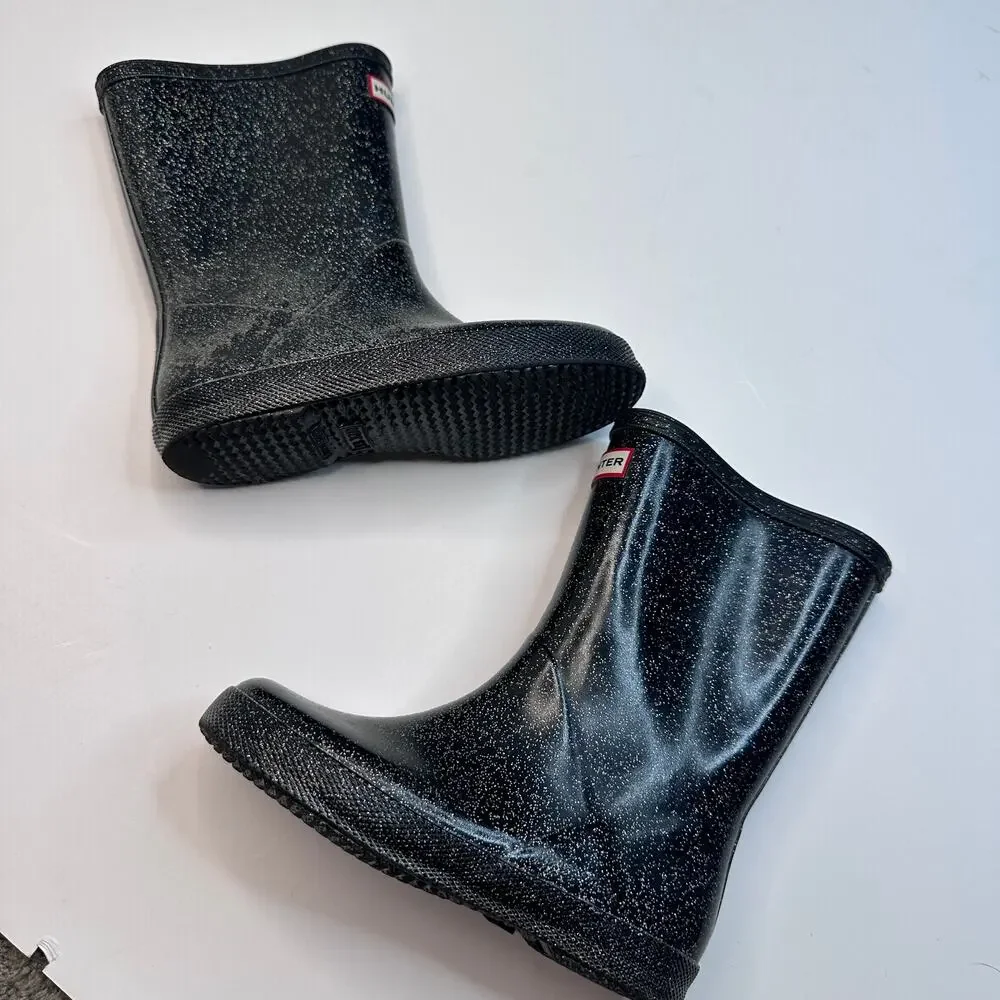 Hunter Black Glitter Rubber Rain Boots